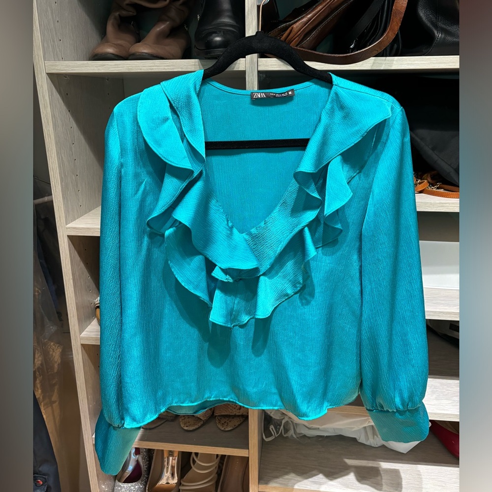 Turquoise ruffle satin blouse with long sleeves